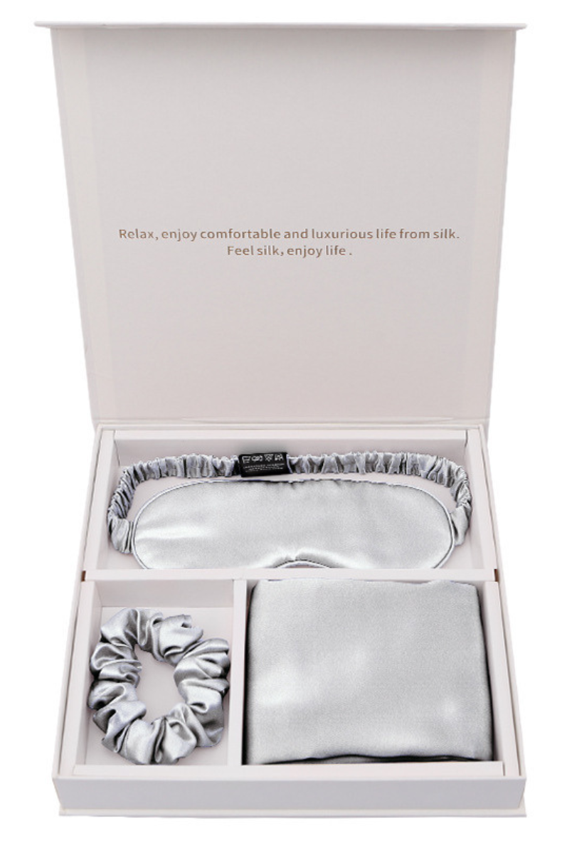 The Ultimate Silk Sleep Set 100% Mulberry Silk Sleep Eye Mask Pillowcase Hair Tie 3pc Gift Set