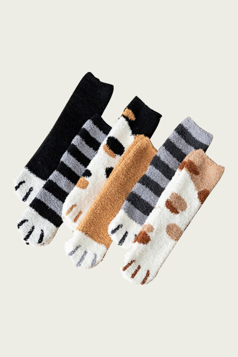 Meow-velous Cat Paws Fluffy Winter Unisex Socks 6-Pair Set