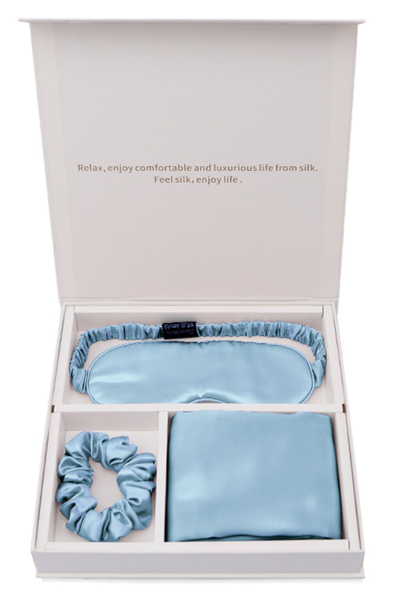 The Ultimate Silk Sleep Set 100% Mulberry Silk Sleep Eye Mask Pillowcase Hair Tie 3pc Gift Set
