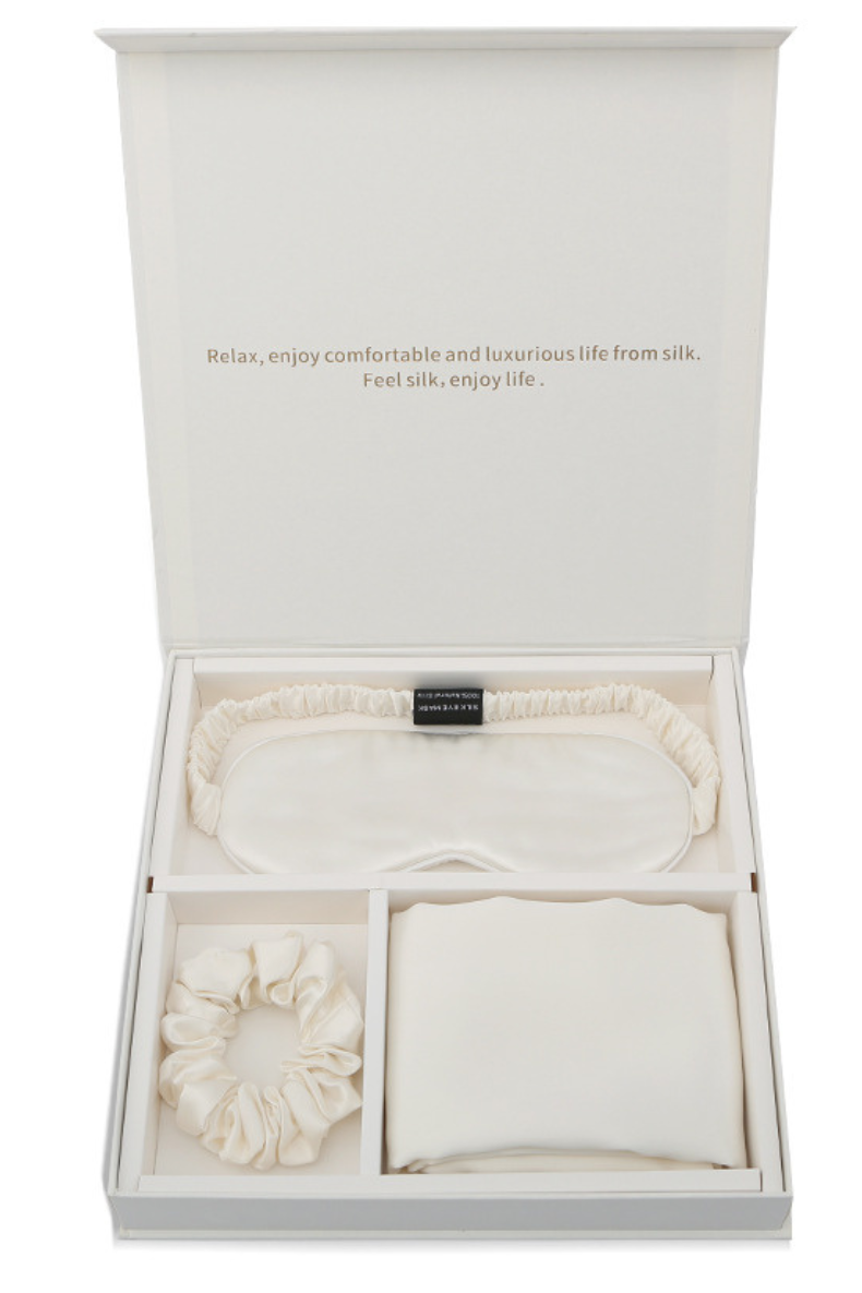 The Ultimate Silk Sleep Set 100% Mulberry Silk Sleep Eye Mask Pillowcase Hair Tie 3pc Gift Set