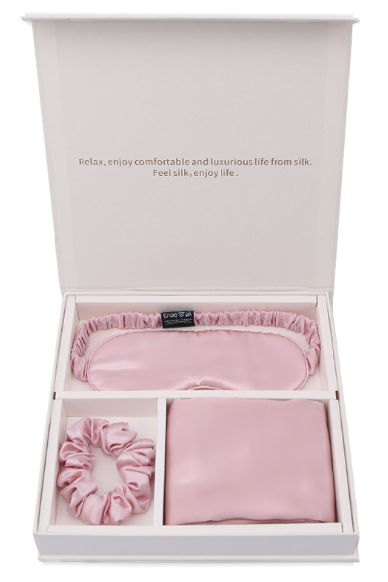 The Ultimate Silk Sleep Set 100% Mulberry Silk Sleep Eye Mask Pillowcase Hair Tie 3pc Gift Set