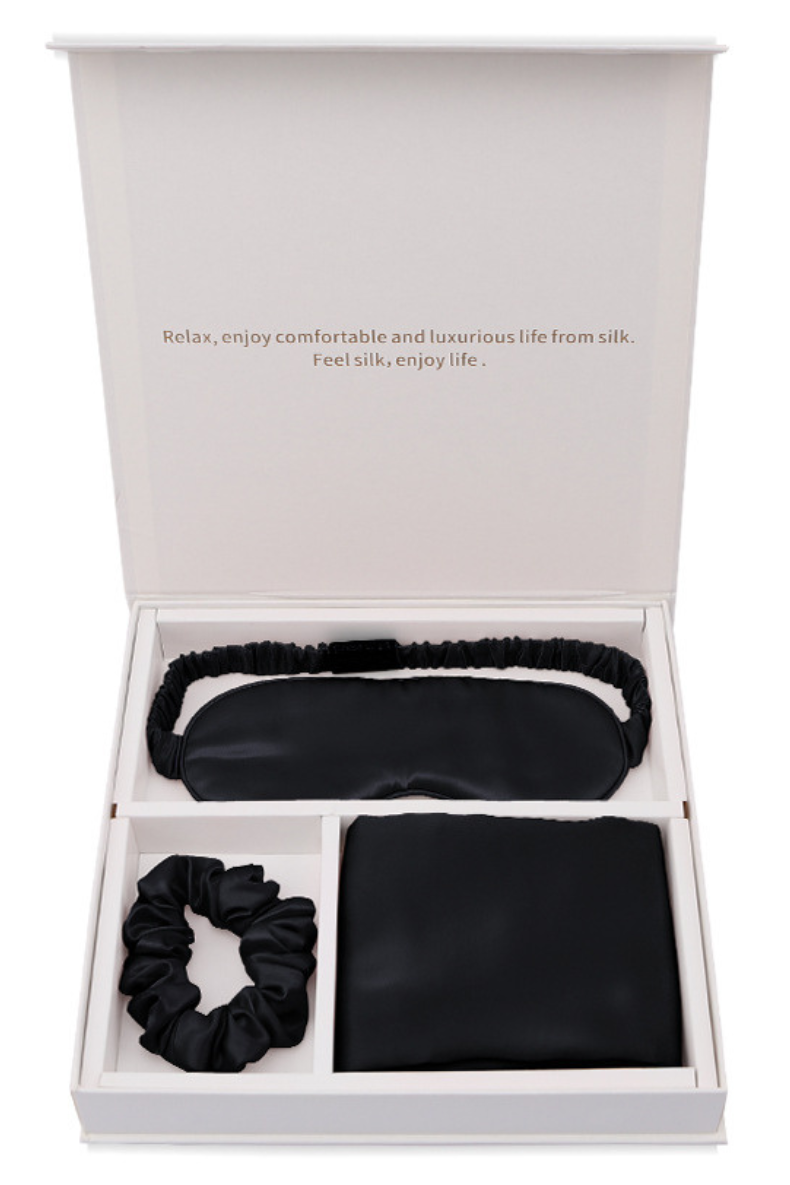 The Ultimate Silk Sleep Set 100% Mulberry Silk Sleep Eye Mask Pillowcase Hair Tie 3pc Gift Set