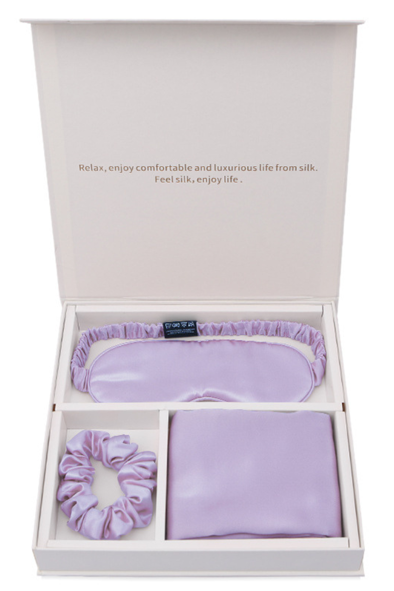 The Ultimate Silk Sleep Set 100% Mulberry Silk Sleep Eye Mask Pillowcase Hair Tie 3pc Gift Set